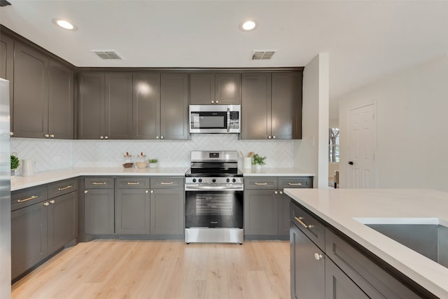 kitchen with decorative backsplash, stainless steel appliances, and light hardwood / wood-style flooring