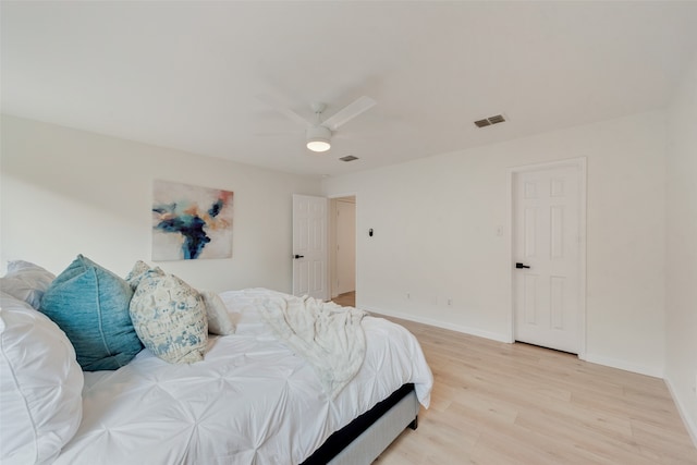 bedroom with ceiling fan and light hardwood / wood-style flooring