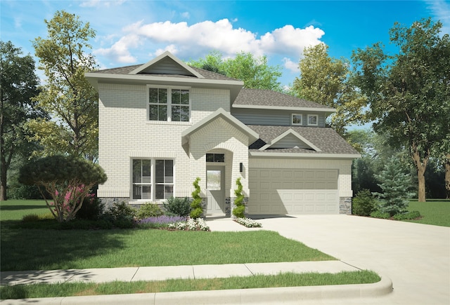 view of front facade featuring a garage and a front lawn