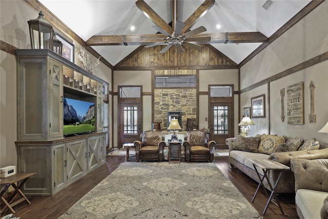 living room with high vaulted ceiling, dark hardwood / wood-style flooring, beamed ceiling, and ceiling fan