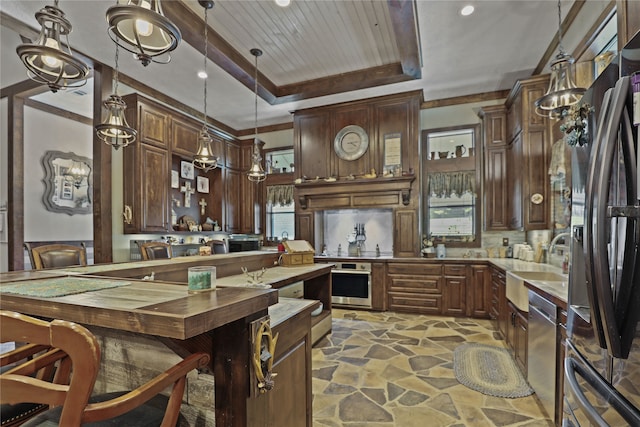 kitchen featuring hanging light fixtures, dark brown cabinets, a raised ceiling, and appliances with stainless steel finishes