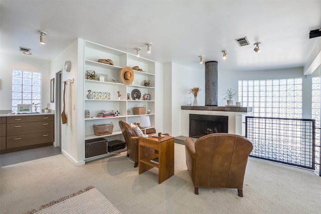 living area with a fireplace and light carpet