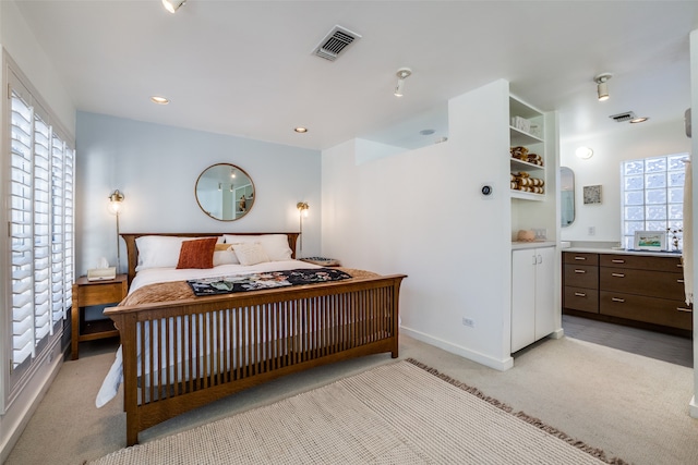 bedroom with multiple windows and light carpet