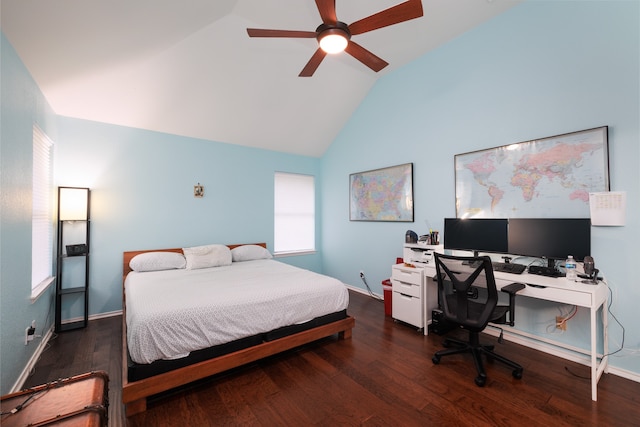 bedroom with vaulted ceiling, ceiling fan, and dark hardwood / wood-style flooring