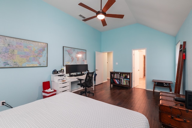 bedroom featuring connected bathroom, vaulted ceiling, ceiling fan, and dark hardwood / wood-style floors