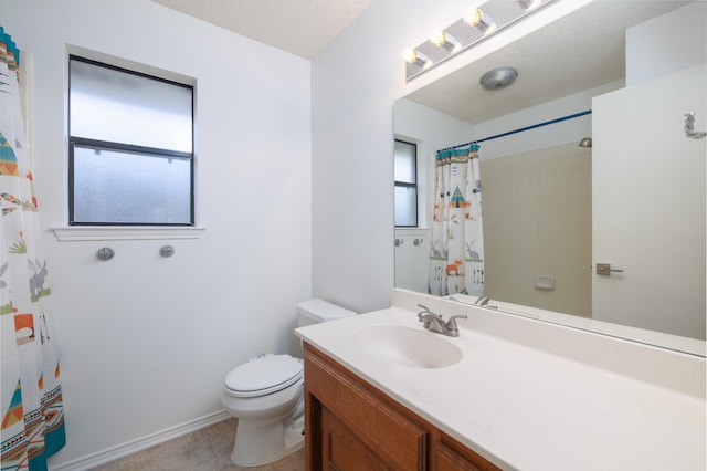 bathroom with toilet, tile patterned flooring, a textured ceiling, vanity, and a shower with shower curtain