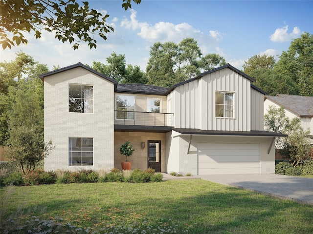 view of front facade featuring a garage, a front lawn, and a balcony