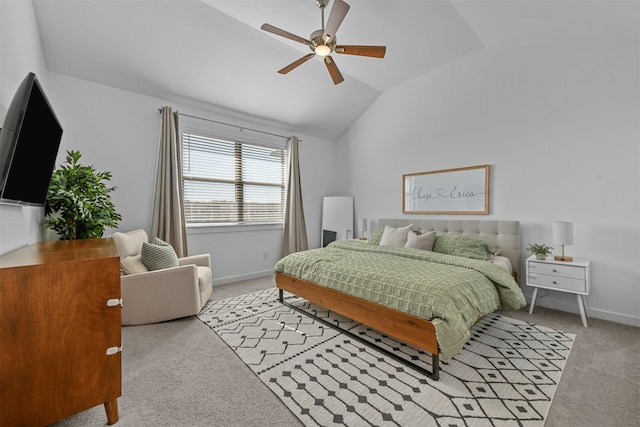 bedroom featuring ceiling fan, lofted ceiling, and light colored carpet