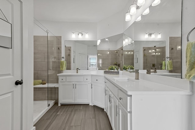 bathroom with vanity and an enclosed shower