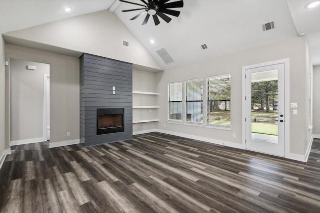 unfurnished living room featuring a fireplace, ceiling fan, high vaulted ceiling, and dark hardwood / wood-style flooring