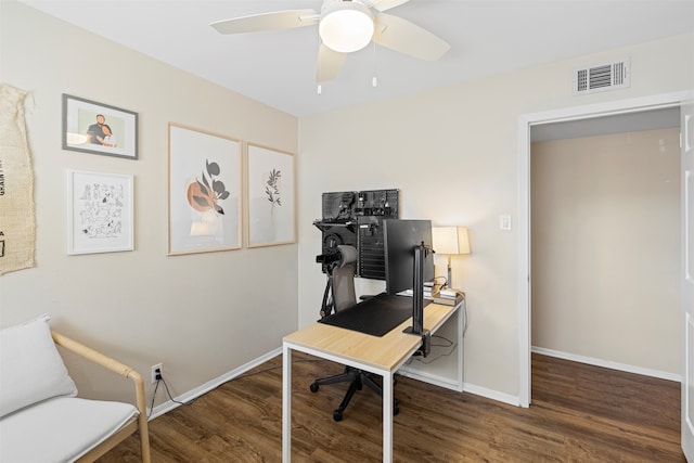 office with ceiling fan and dark hardwood / wood-style flooring