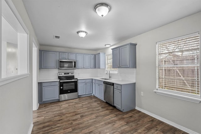 kitchen with dark hardwood / wood-style flooring, backsplash, gray cabinets, and appliances with stainless steel finishes