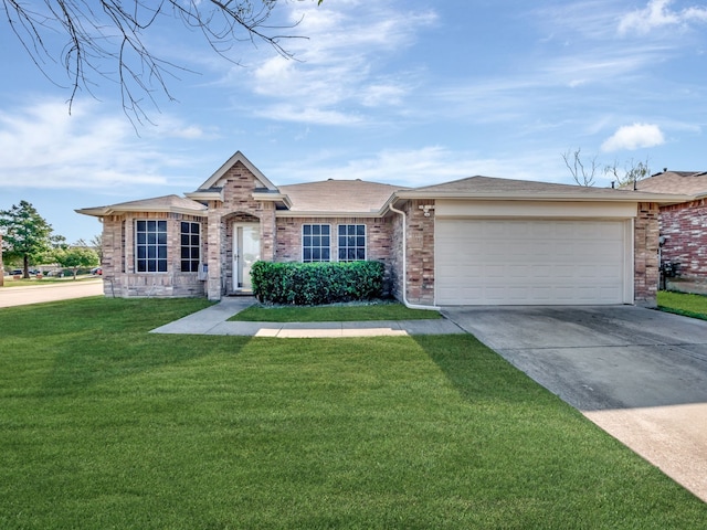 single story home featuring a front lawn and a garage