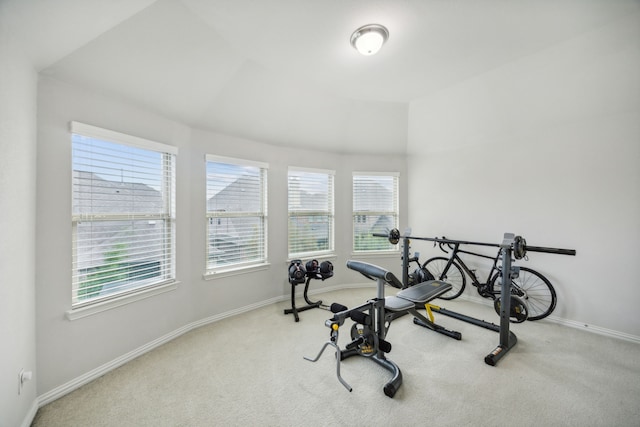 workout area with plenty of natural light, light colored carpet, and lofted ceiling