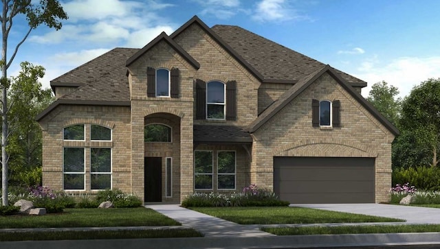 french provincial home with a garage and a front lawn