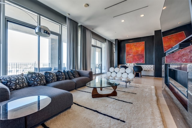 living room featuring tile patterned flooring