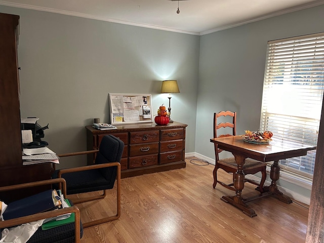 office area with ornamental molding and light hardwood / wood-style flooring