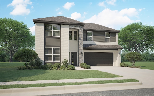 view of front of home featuring a garage and a front lawn