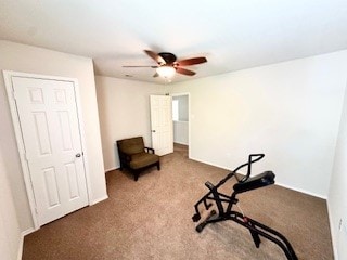 exercise room featuring ceiling fan and carpet floors