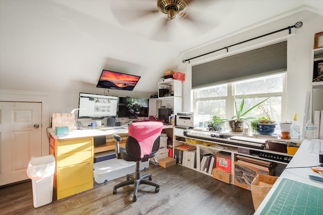 office space with ceiling fan, wood-type flooring, and lofted ceiling