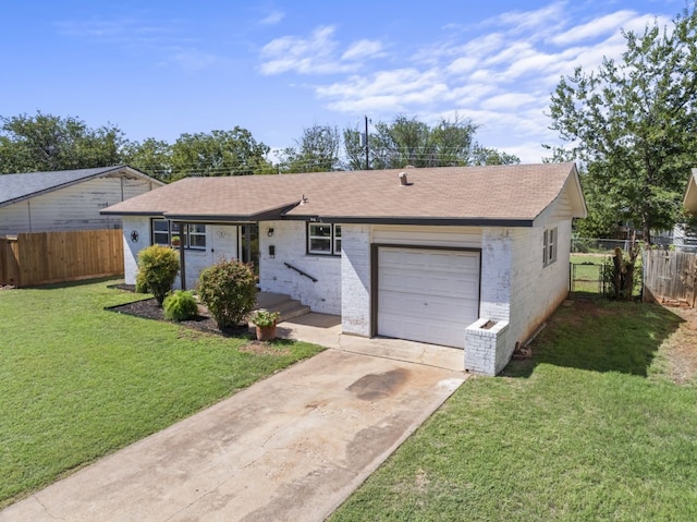 ranch-style home featuring a garage and a front yard