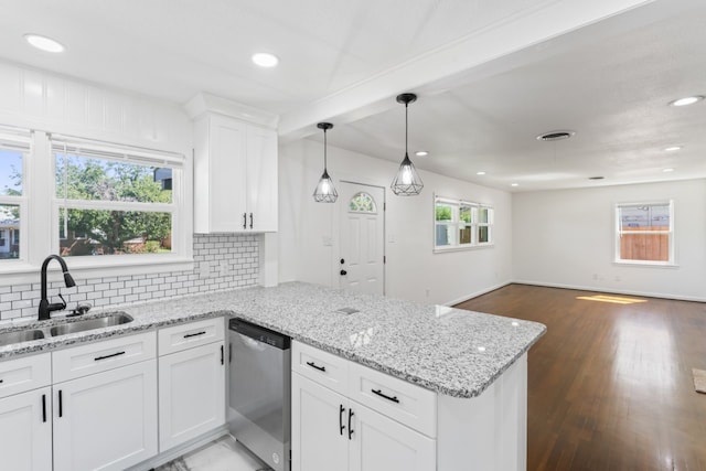 kitchen featuring white cabinetry, sink, backsplash, dark wood-type flooring, and dishwasher