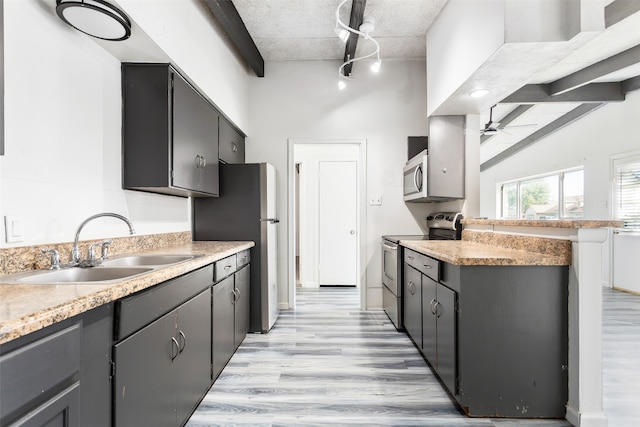 kitchen with light hardwood / wood-style floors, kitchen peninsula, sink, ceiling fan, and appliances with stainless steel finishes