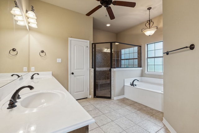 bathroom featuring independent shower and bath, vanity, tile patterned flooring, and ceiling fan