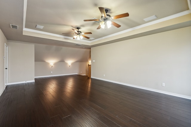 2741 Purple Sage Trl, Fort Worth, TX 76179 - empty room with a raised ceiling, ceiling fan, dark wood-type flooring, and crown molding