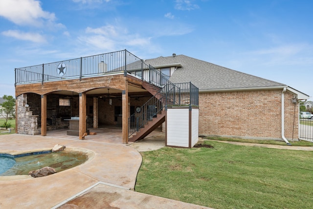2741 Purple Sage Trl, Fort Worth, TX 76179 - rear view of house featuring a shingled roof, stairs, a patio area, a yard, and brick siding
