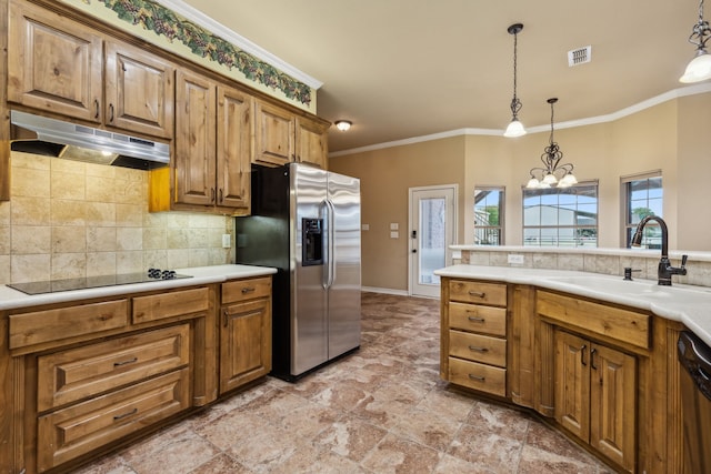 2741 Purple Sage Trl, Fort Worth, TX 76179 - kitchen with appliances with stainless steel finishes, under cabinet range hood, a sink, crown molding, and tasteful backsplash
