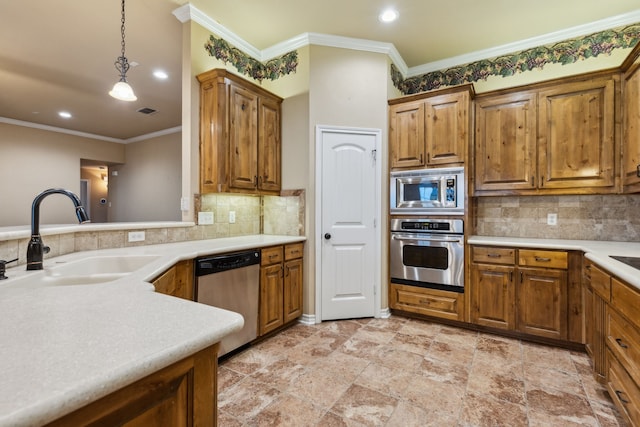 2741 Purple Sage Trl, Fort Worth, TX 76179 - kitchen featuring appliances with stainless steel finishes, a sink, ornamental molding, decorative backsplash, and brown cabinetry
