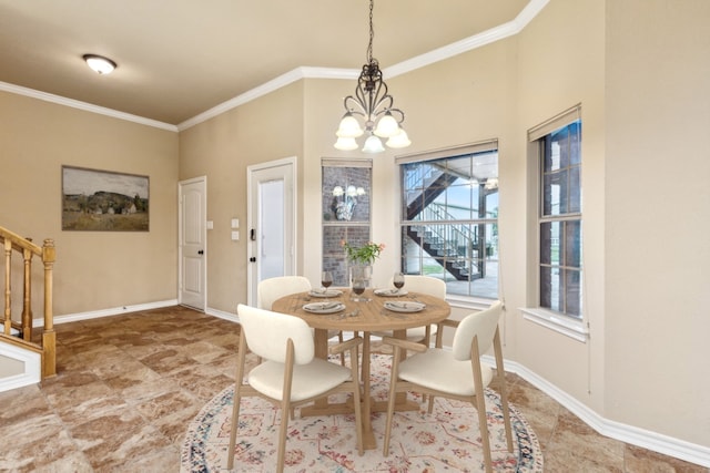 dining space with an inviting chandelier and ornamental molding