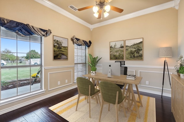 2741 Purple Sage Trl, Fort Worth, TX 76179 - dining room with ornamental molding, ceiling fan, dark wood finished floors, wainscoting, and baseboards