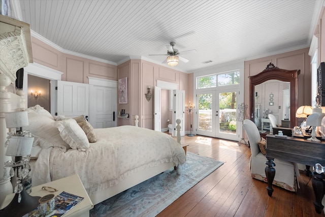 bedroom with access to exterior, ceiling fan, french doors, crown molding, and hardwood / wood-style flooring