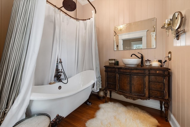 bathroom with vanity and wood-type flooring