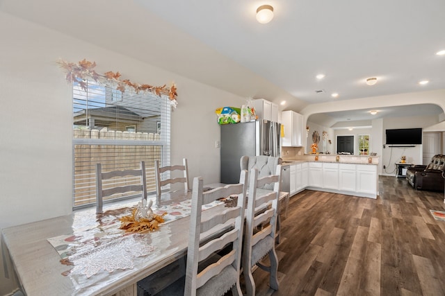 dining area featuring dark wood-type flooring