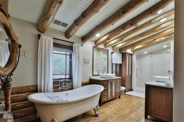 bathroom with wooden ceiling, hardwood / wood-style flooring, beamed ceiling, independent shower and bath, and vanity