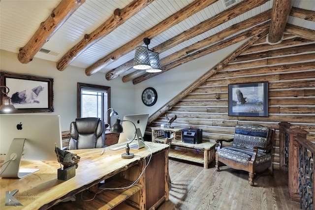 home office featuring rustic walls, wood-type flooring, wooden ceiling, and vaulted ceiling with beams