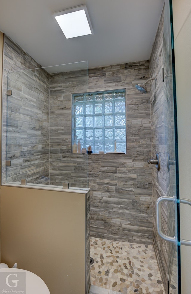 bathroom featuring walk in shower and toilet