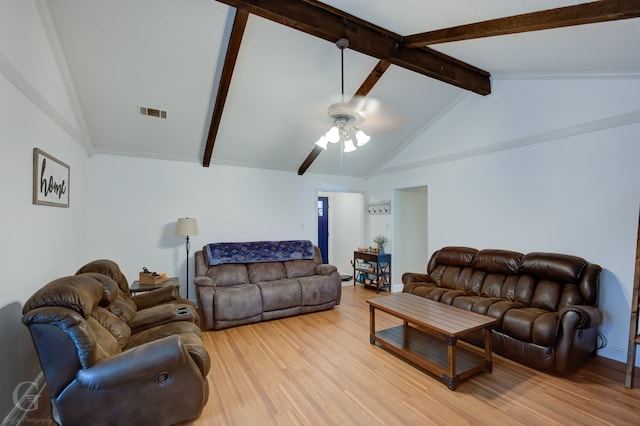 living room with high vaulted ceiling, hardwood / wood-style flooring, ceiling fan, and beam ceiling