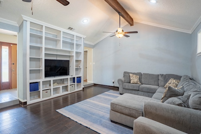 living room featuring dark wood-type flooring, ceiling fan, a textured ceiling, and vaulted ceiling with beams