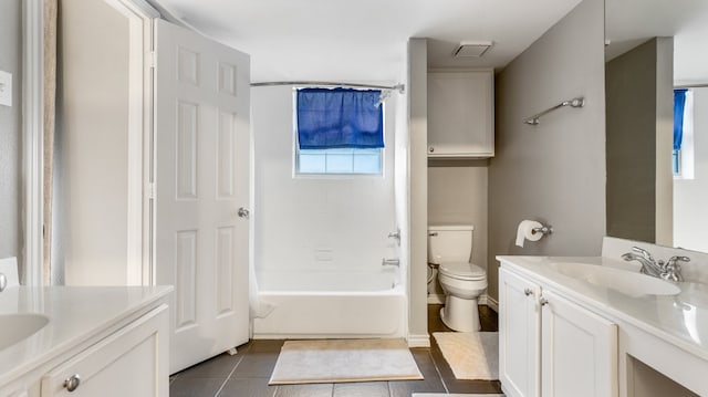 full bathroom with toilet, washtub / shower combination, vanity, and tile patterned floors