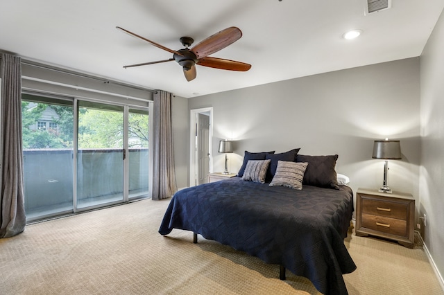 carpeted bedroom with ceiling fan and access to outside