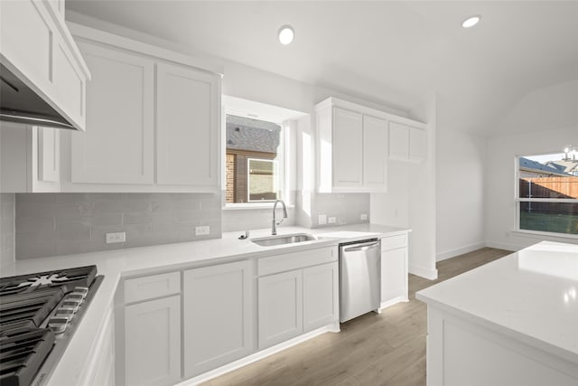 kitchen with white cabinets, custom exhaust hood, sink, light hardwood / wood-style flooring, and dishwasher