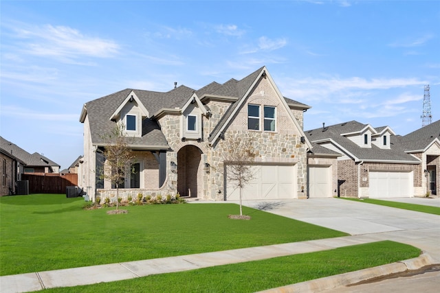 view of front of home with cooling unit, a front yard, and a garage