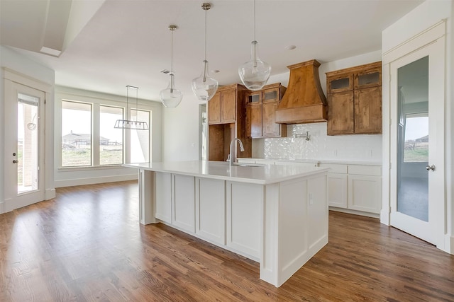 kitchen with an island with sink, custom exhaust hood, dark hardwood / wood-style flooring, and tasteful backsplash