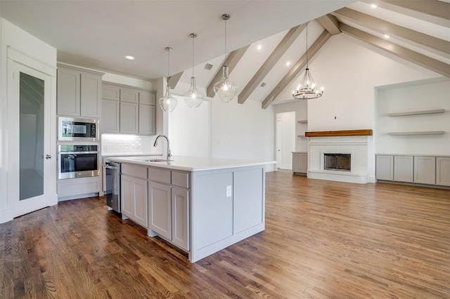 kitchen with gray cabinets, a kitchen island with sink, stainless steel appliances, and light countertops