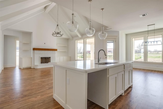 kitchen featuring a kitchen island with sink, dark hardwood / wood-style floors, pendant lighting, and sink