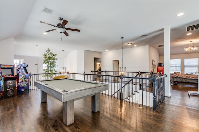 playroom featuring dark hardwood / wood-style flooring, billiards, and ceiling fan with notable chandelier